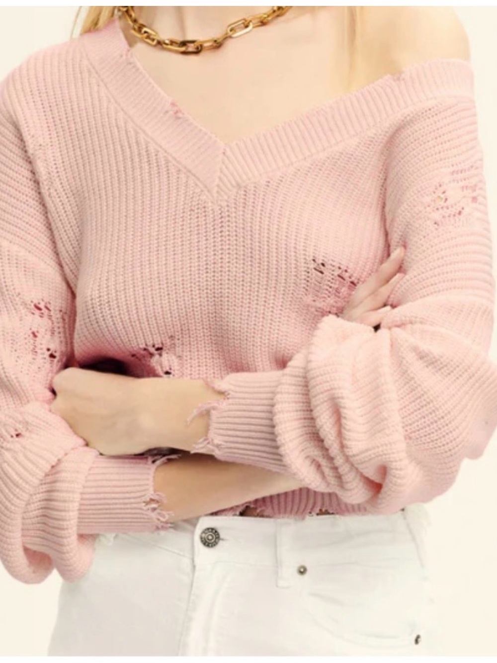 SEROYA Pink Distressed V-Neck Cotton Sweater. Size XS